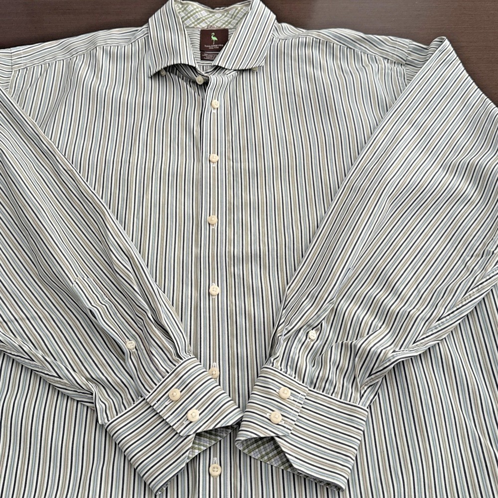 Tailorbyrd Flip Cuff Button Down Shirt  Green Striped Long Sleeve Men's Size 2XL